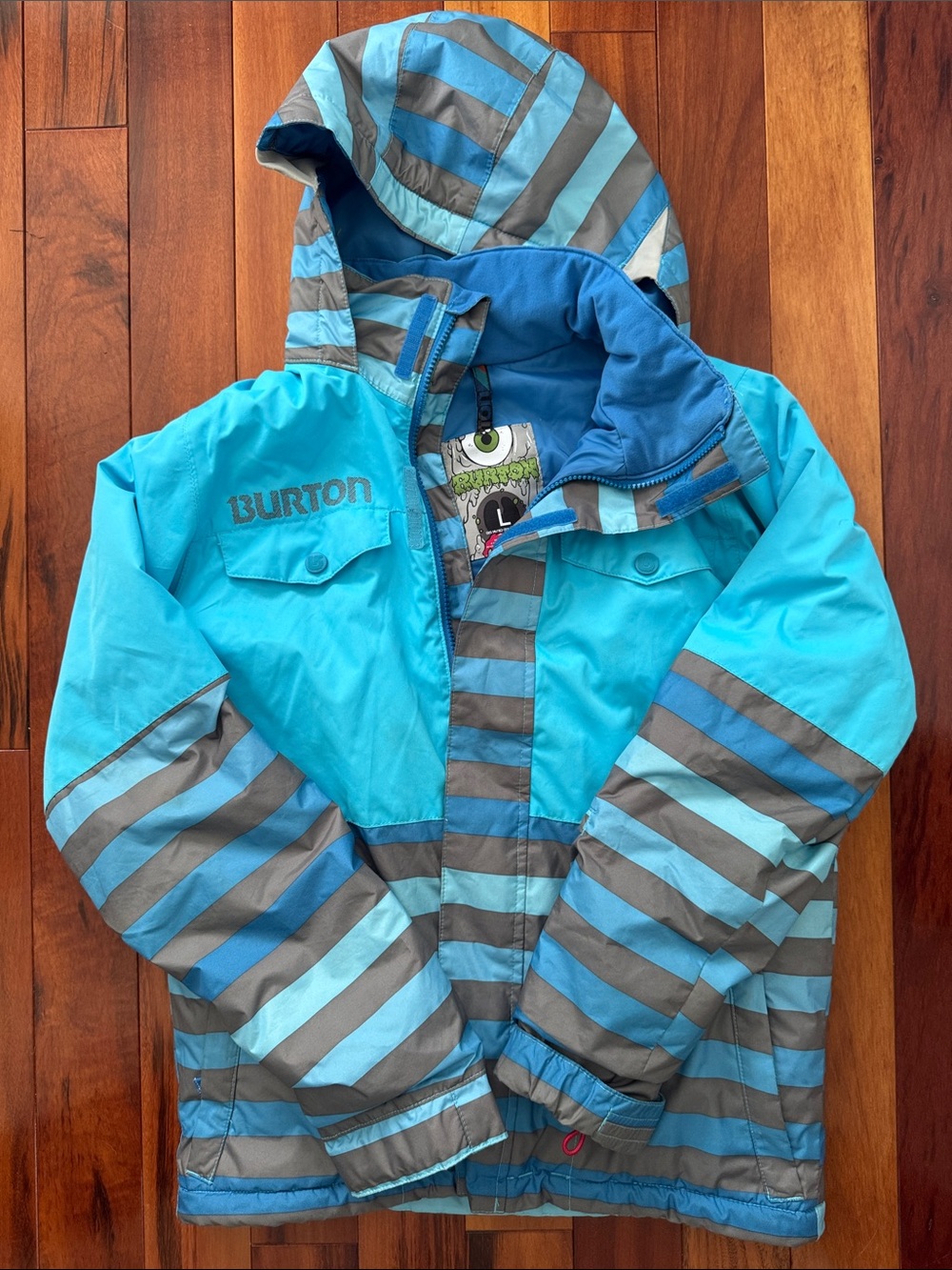 Burton deride Turquoise and Gray Striped Hooded Snow Jacket